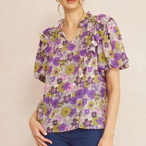NWT Entro Floral print v-neck puff sleeve top -Size XL